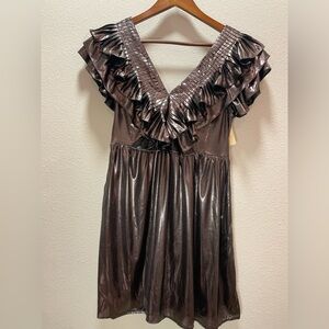 Metallic V Neck Ruffle Short Sleeve Mini Dress Cocktail